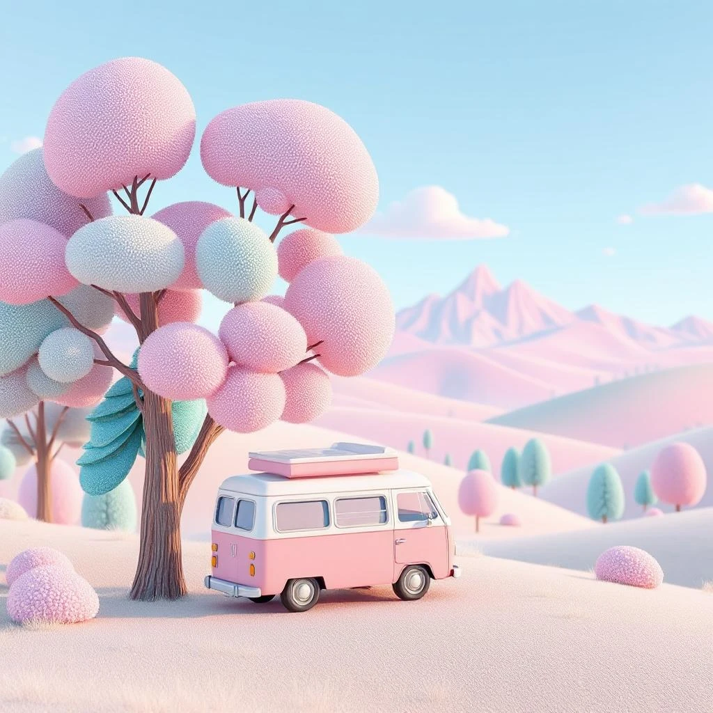 Pastel landscape with a pink camper van under cotton-candy trees.