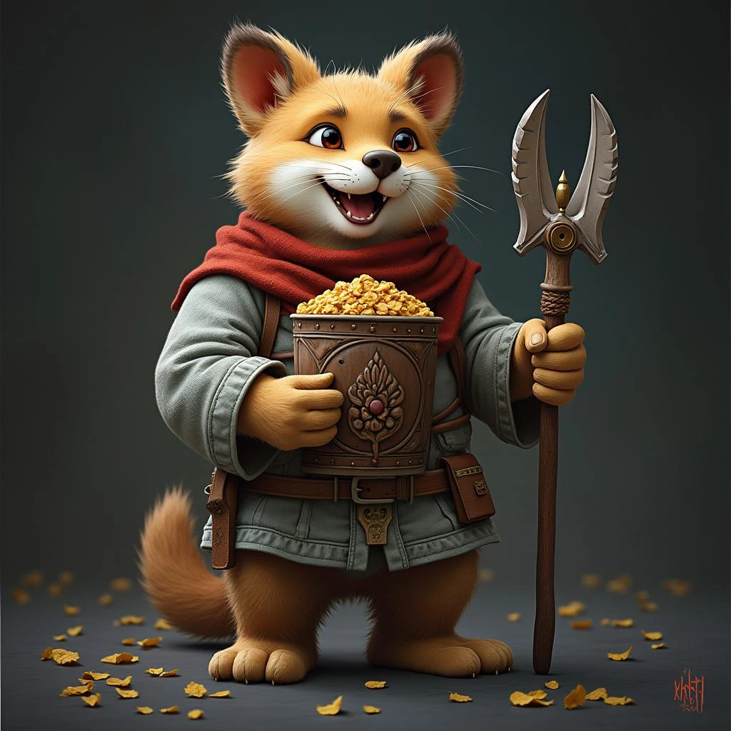 Anthropomorphic fox warrior holding a spear and a bucket of popcorn.