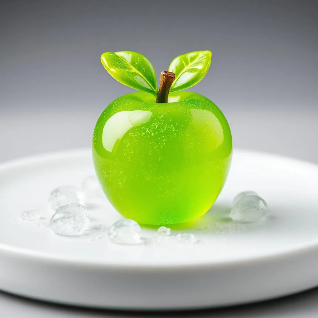 Shiny green apple-shaped dessert with ice droplets on a white plate.