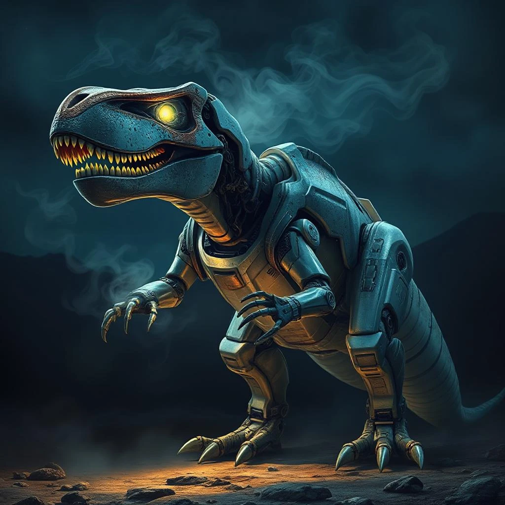 Futuristic robotic T-Rex with glowing eyes in a smoky dark landscape.