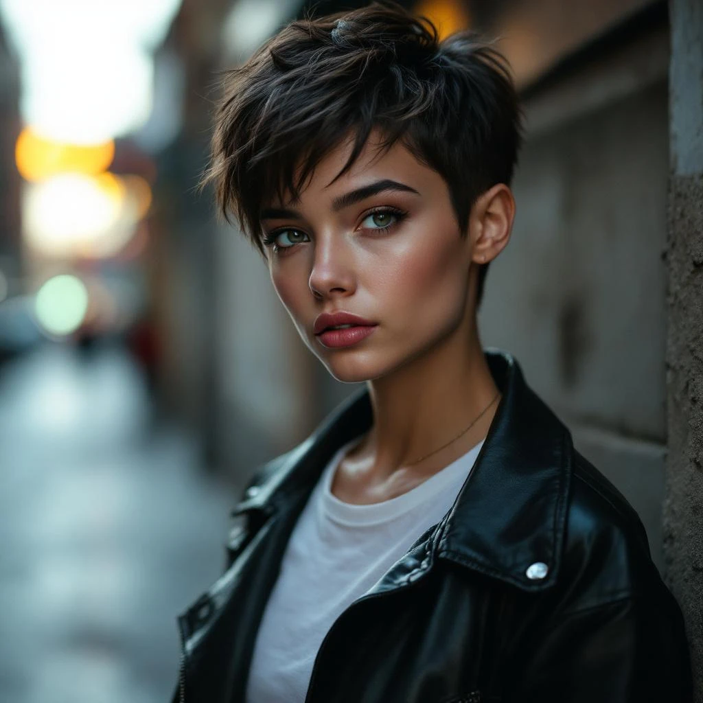 Young woman with short hair in a leather jacket standing in a moody city alley.