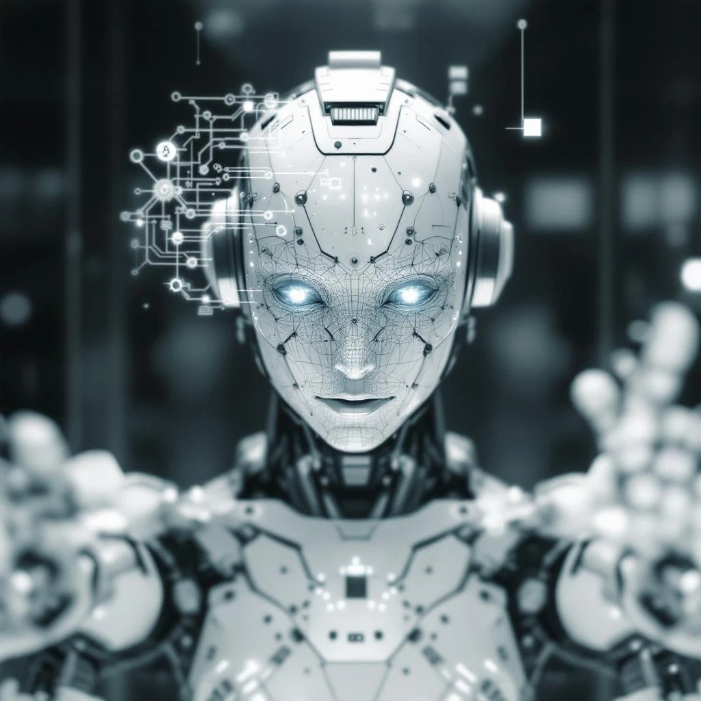 Futuristic humanoid robot with glowing eyes and digital circuit overlays.