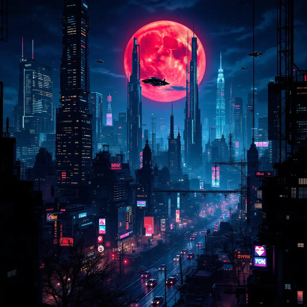 Futuristic city at night with neon lights and a large red moon.