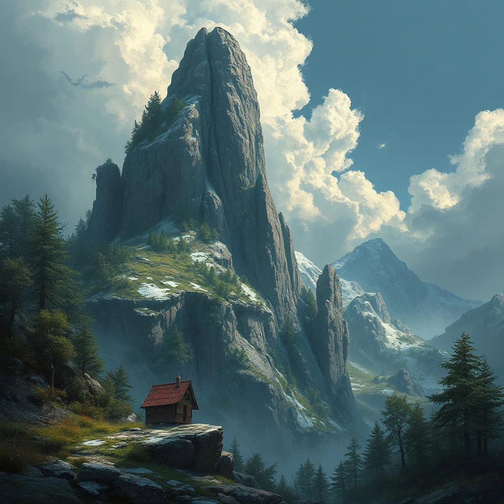 Mountain cabin beneath towering rocky peaks and dramatic clouds.