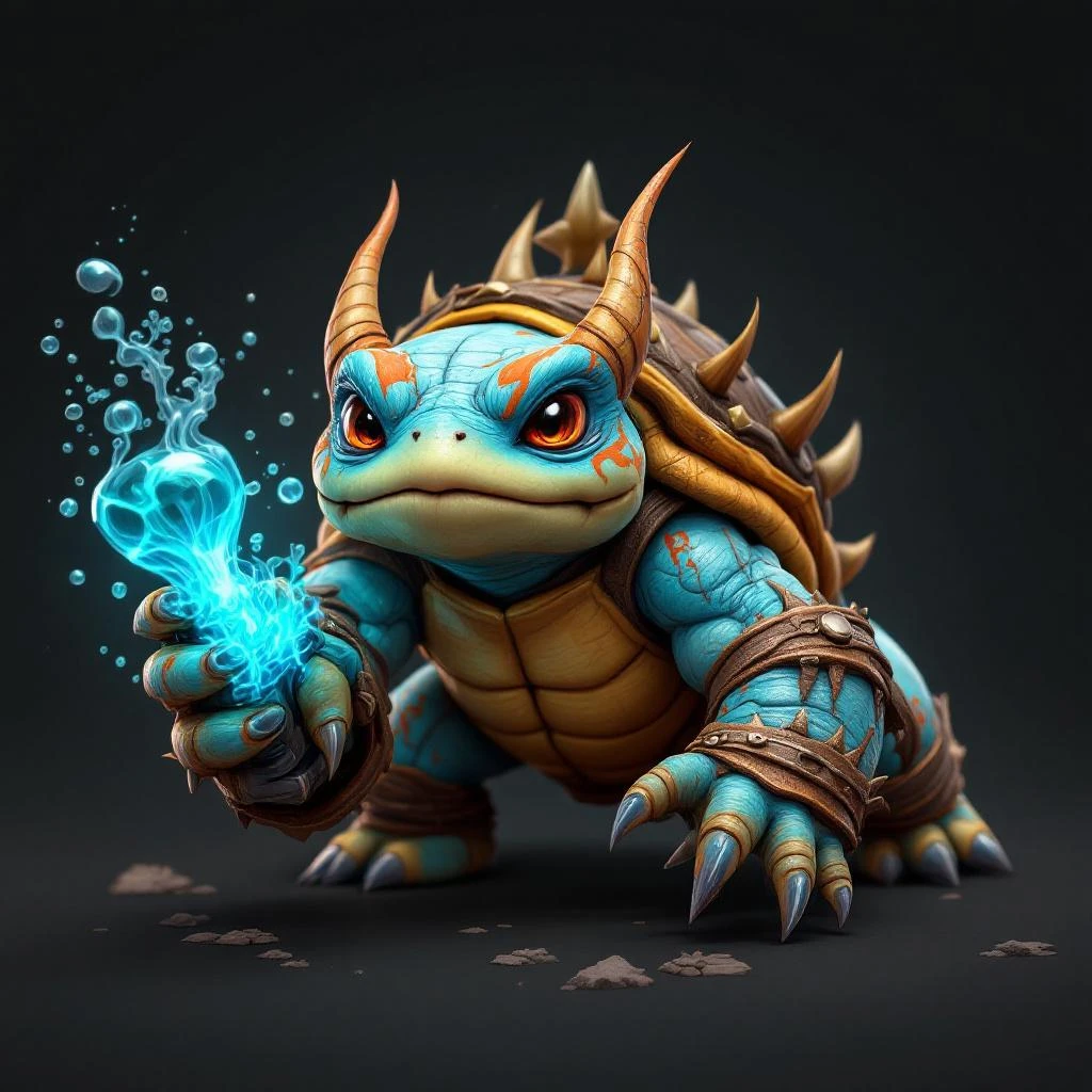 Fantasy turtle creature with horns holding a glowing blue magical orb.