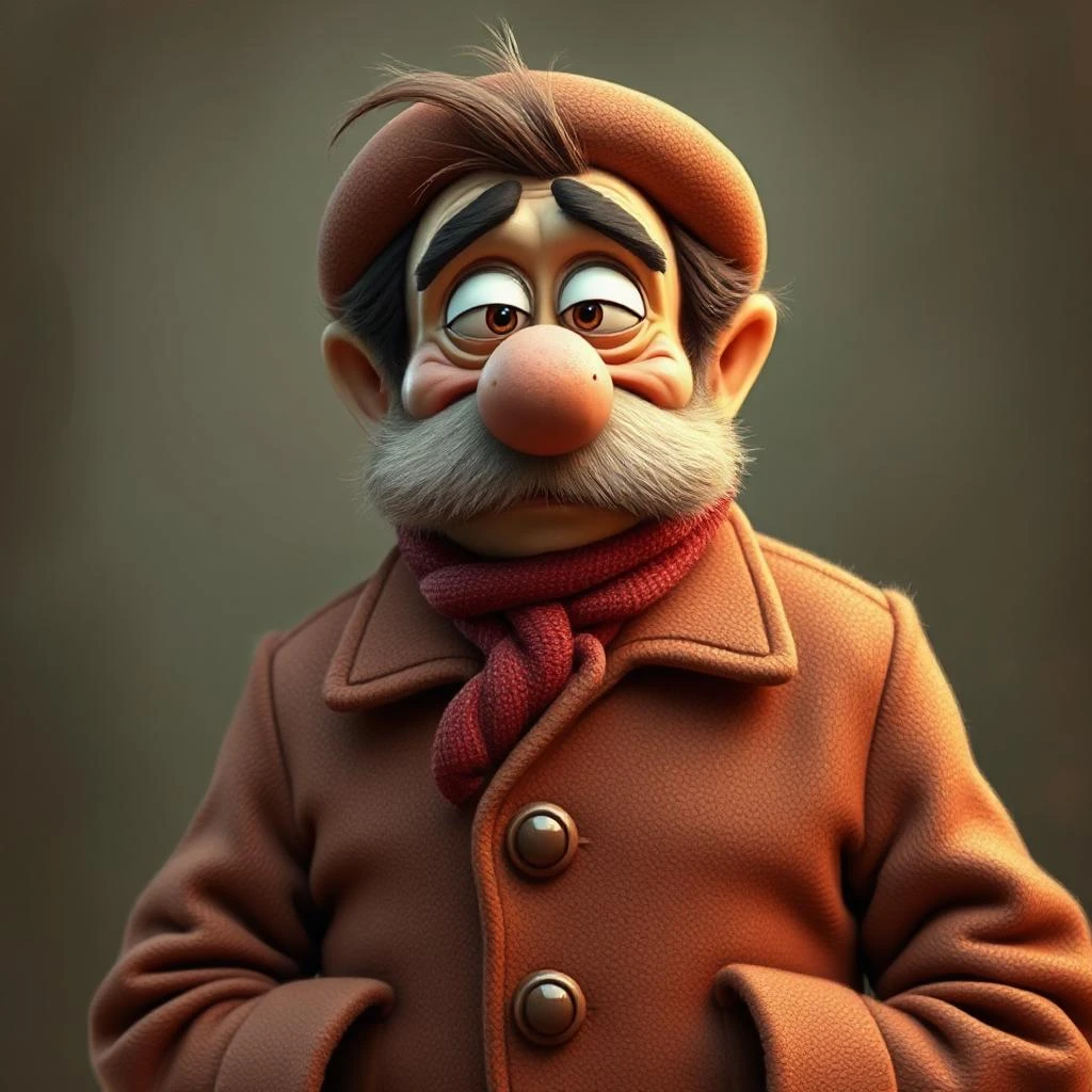 Cartoon-style elderly man with a mustache, wearing a coat, beret, and scarf.