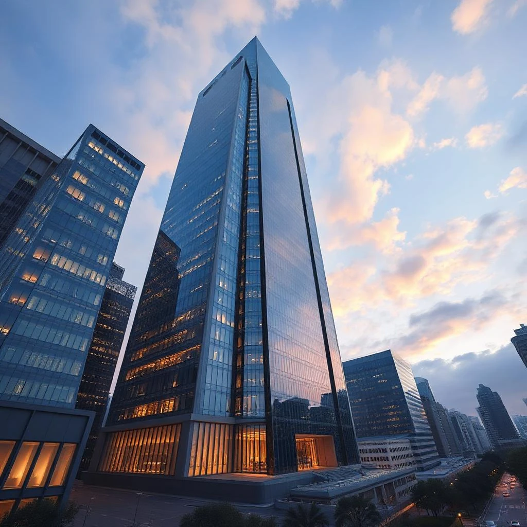 Modern glass skyscraper at sunset with glowing lights inside.