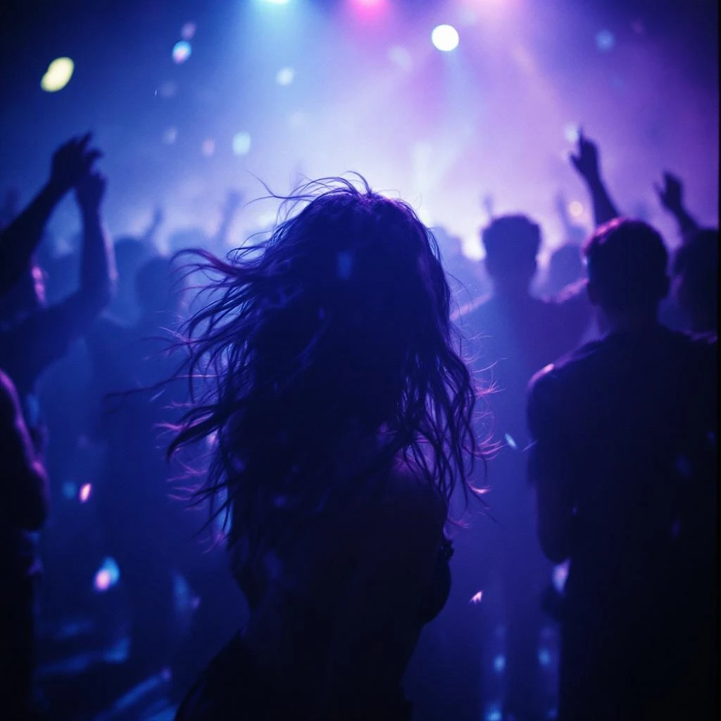 Silhouetted crowd dancing in a nightclub under colorful lights.