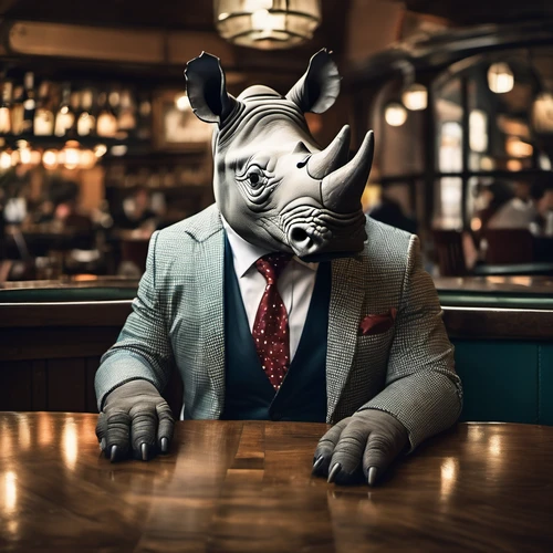 photo of a rhino dressed suit and tie sitting at a table in a bar with a bar stools, award winning photography, Elke vogelsang