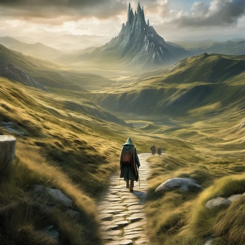 Lord of the Rings book cover, 4k, HD, high quality, Far point-of-view, walking down multiple terrain