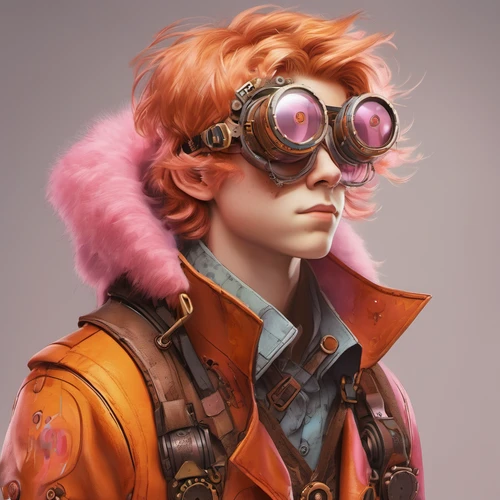 Steampunk boy with medium length strawberry blond hair with a pink and orange over coat with goggles on the top of his head