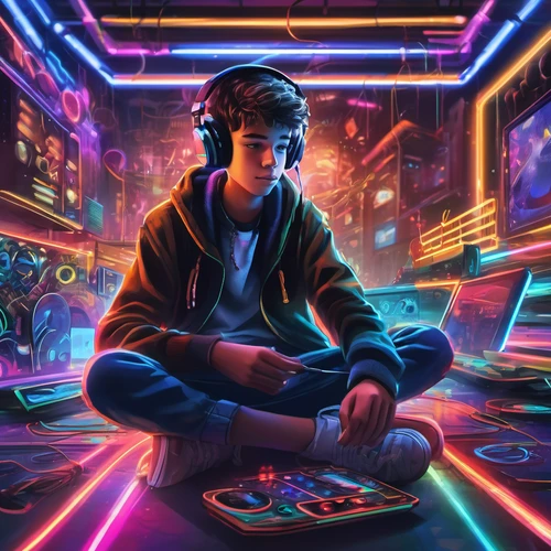 A 14 year old boy chilling to music and looking at neon lights