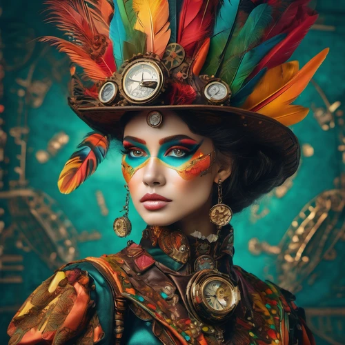 steampunk makeup, in the style of vray tracing, colorful impasto, uhd image, indonesian art, fine feather details with bright red and yellow and green and pink and orange colours, intricate patterns and details, dark cyan and amber makeup. Rich colourful plumes. Victorian style.
