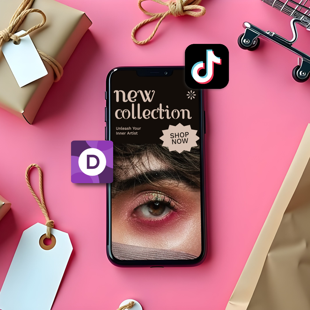 A smartphone displays a makeup ad with 