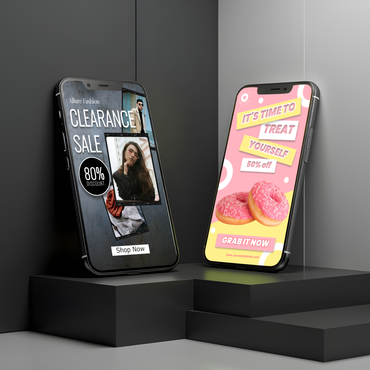 Two phones display eye-catching ads: one for a fashion clearance sale, the other a donut-themed treat-yourself promo.