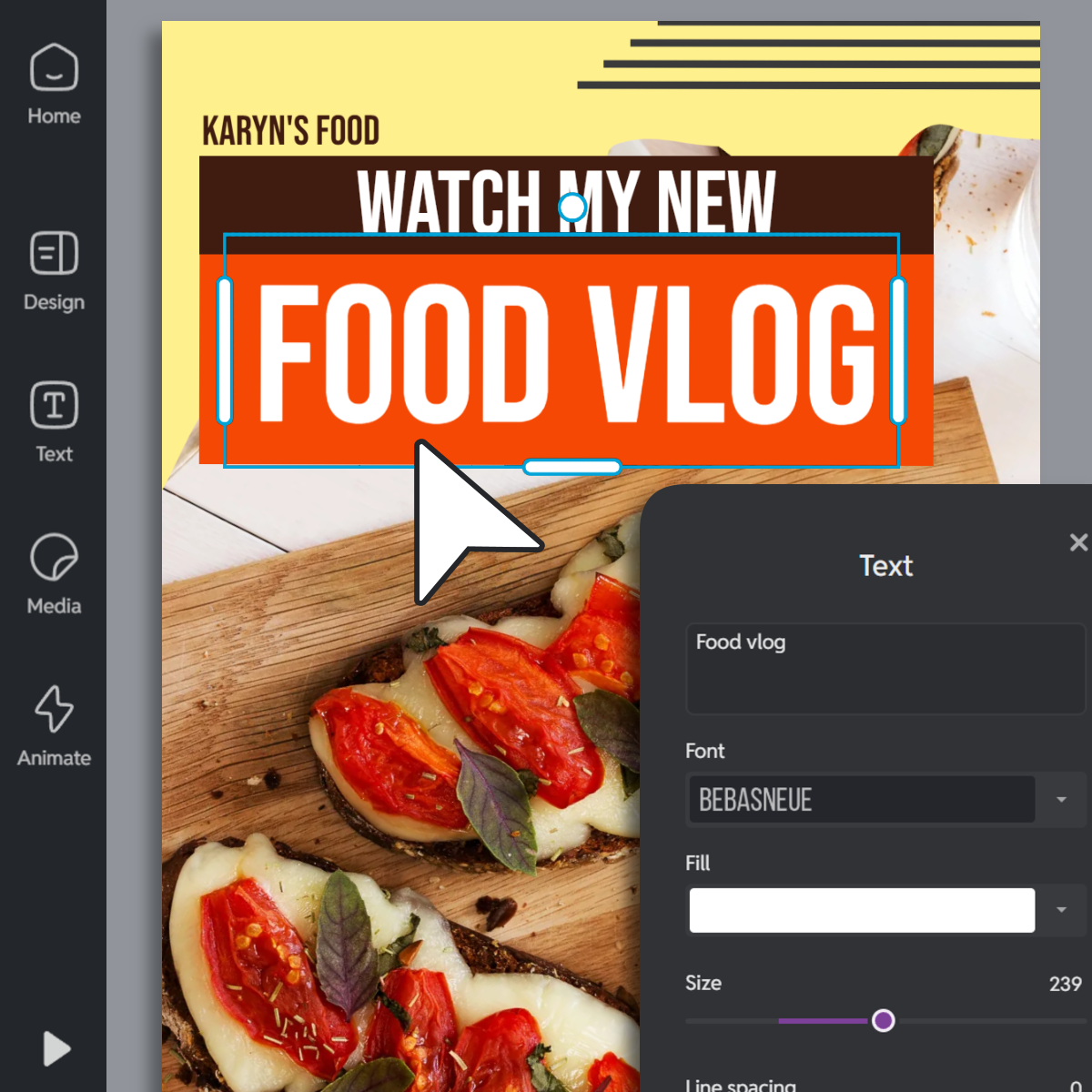 A food vlog thumbnail is being edited on a design platform, showing bold text over toast with tomatoes and cheese, with editing tools visible on the side.
