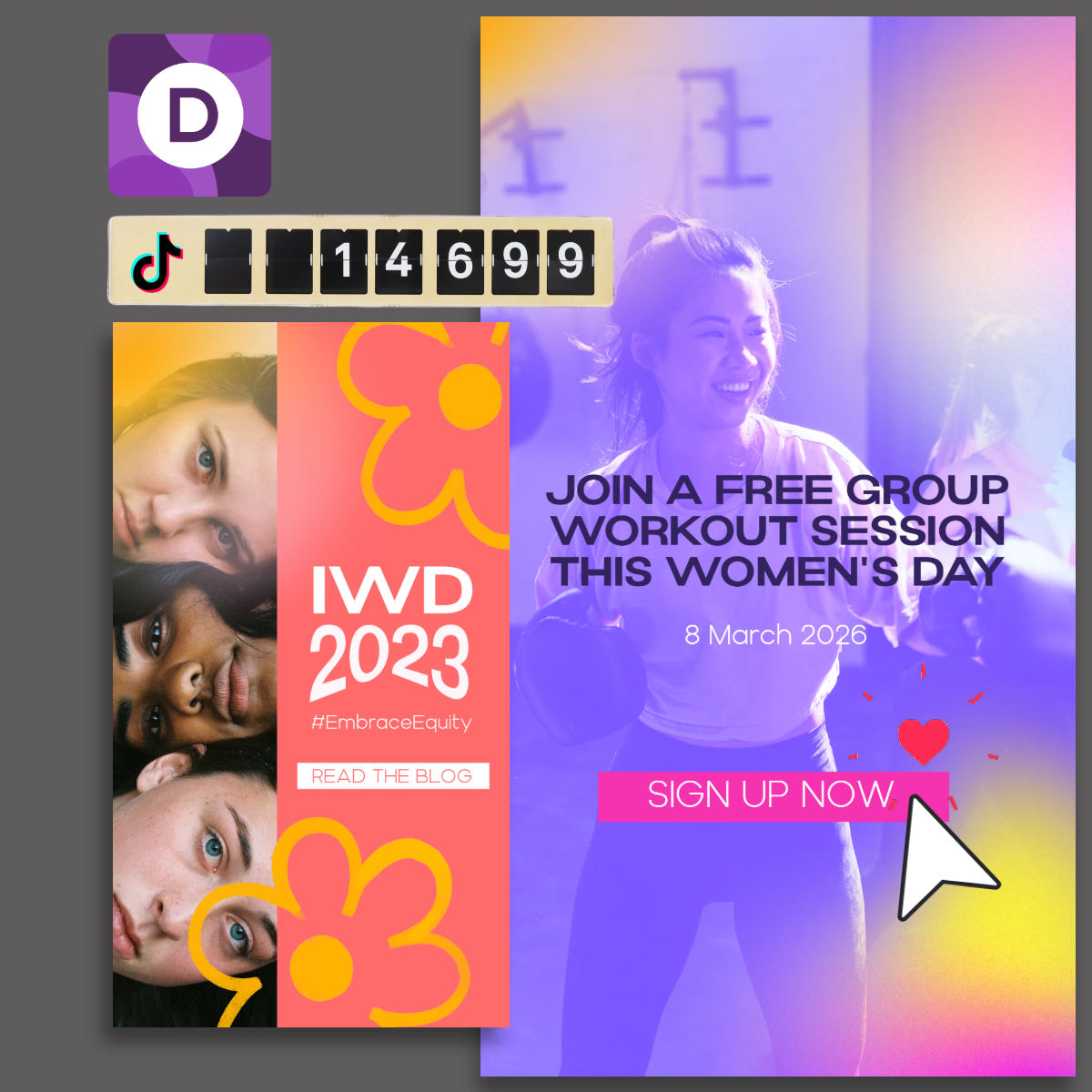 Engaging Women’s Day graphic promoting equity, a group workout session for 2026, and TikTok reach of 14699 followers.