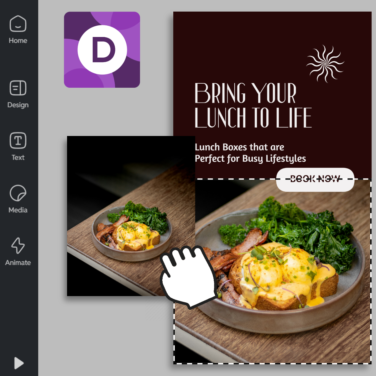 A lunch promo design is edited on Pixlr Designer, showing a meal with eggs, kale, and toast, alongside the text 