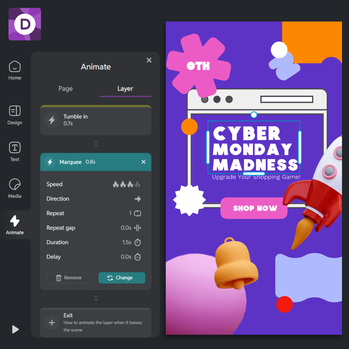 A vibrant Pixlr Designer interface shows a Cyber Monday ad in progress, with animated text effects and playful graphics on a bold purple canvas.