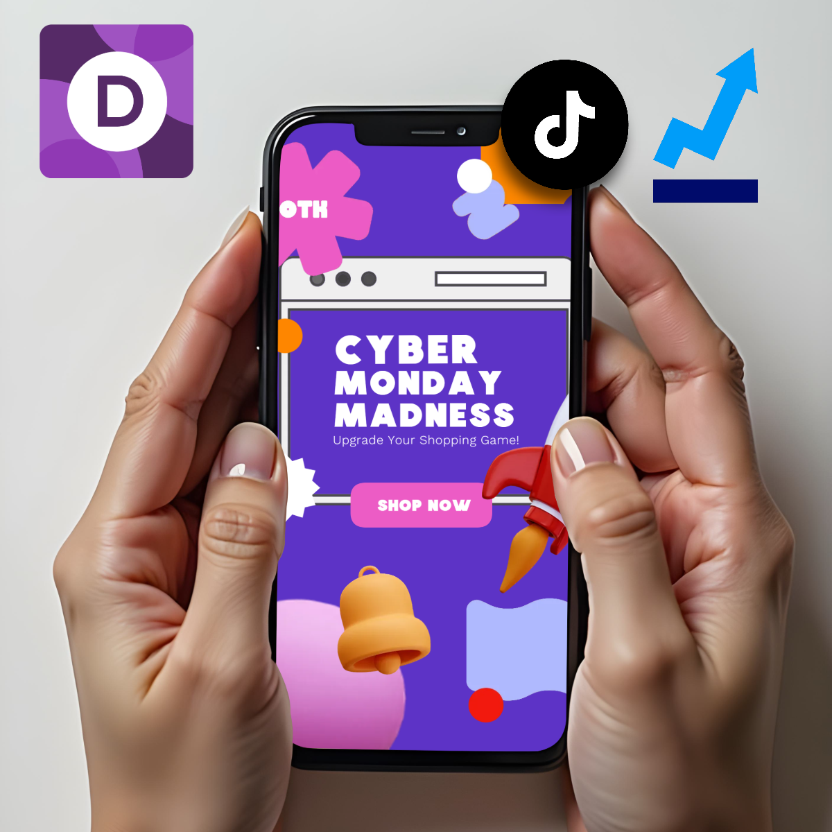 A bold Cyber Monday promo on a phone screen urges users to shop now, paired with TikTok and growth icons in a playful, vibrant layout.