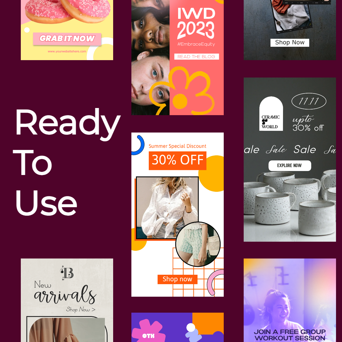 A collage of ready-to-use promo templates featuring fashion, food, fitness, and sale designs on a maroon background.
