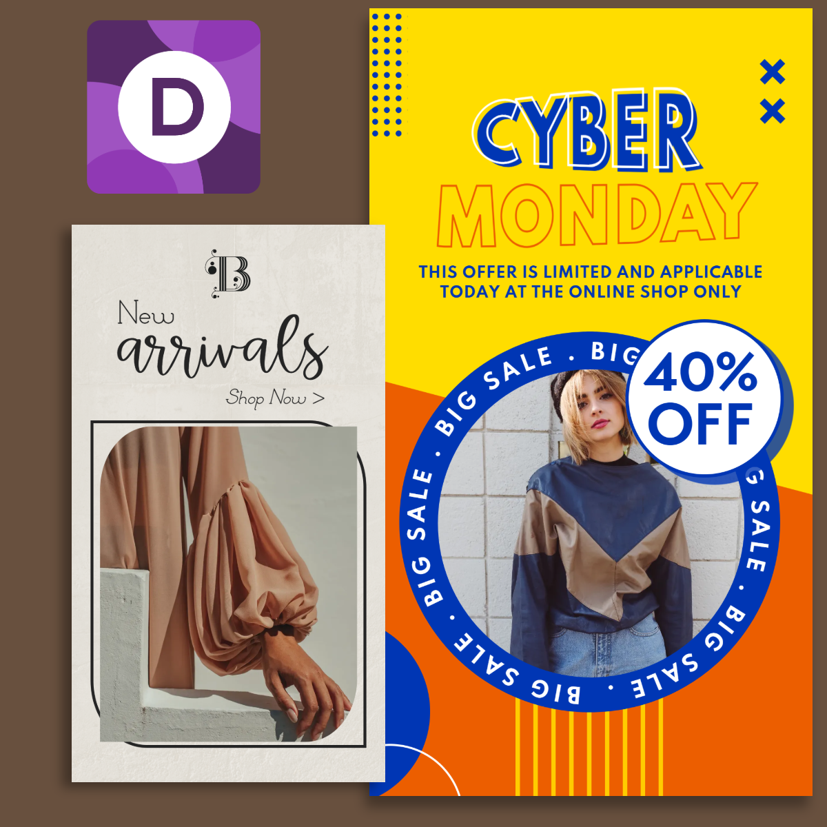 Stylish sale visuals feature a Cyber Monday 40% off promo and a soft-toned new arrivals ad with fashion shots.