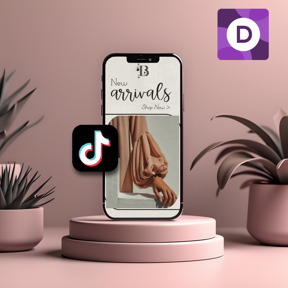 A phone mockup showcases a fashion ad with 